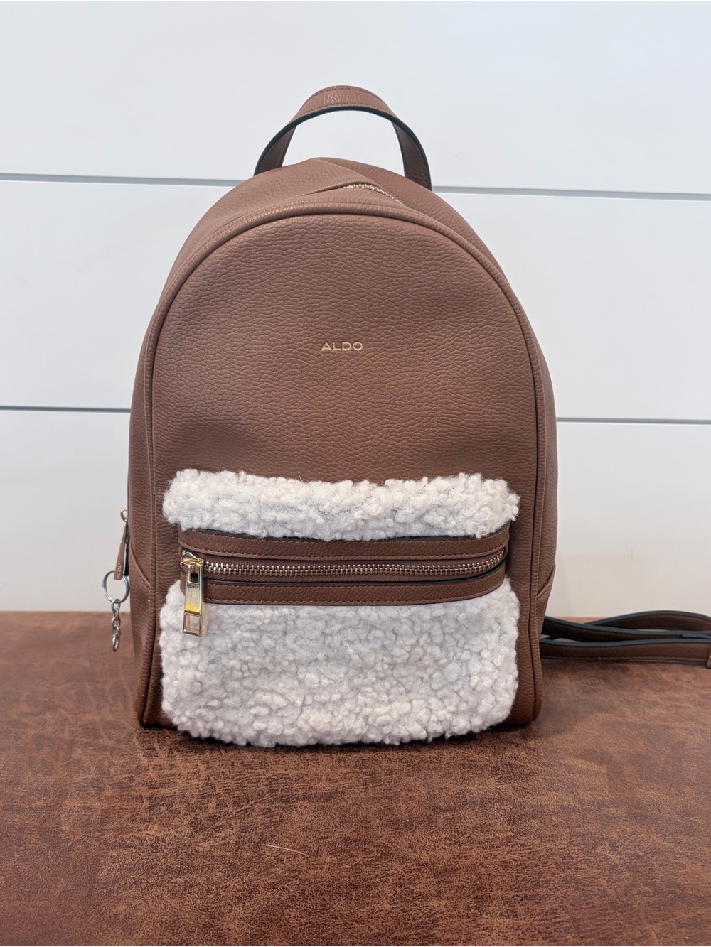 ALDO Sherpa Backpack Brown Faux Leather Cozy Cabincore Teddy Chic Bag